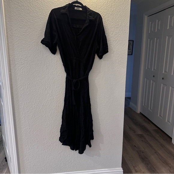 Aura Black Boho Maxi Dress Short Sleeve Lace Detail Pocket Tie Waist Size Medium - Picture 2 of 12